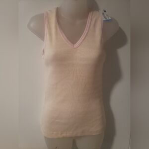 V-Neck Cream Tank Top with Pink Trim